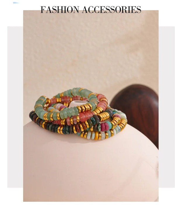 Planet Gates YH4039A Pink Yhpup Colorful Natural Stone Beads Chain Handmade Bracelet Bangle Waterproof Bohemia Stainless Steel Y2K Trendy Jewelry Gift