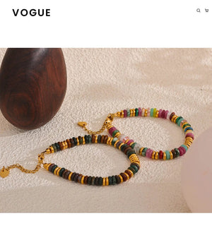 Planet Gates YH4039A Pink Yhpup Colorful Natural Stone Beads Chain Handmade Bracelet Bangle Waterproof Bohemia Stainless Steel Y2K Trendy Jewelry Gift