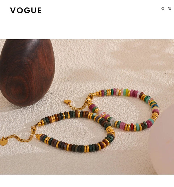 Planet Gates YH4039A Pink Yhpup Colorful Natural Stone Beads Chain Handmade Bracelet Bangle Waterproof Bohemia Stainless Steel Y2K Trendy Jewelry Gift