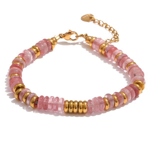 Planet Gates YH4039A Pink Yhpup Colorful Natural Stone Beads Chain Handmade Bracelet Bangle Waterproof Bohemia Stainless Steel Y2K Trendy Jewelry Gift