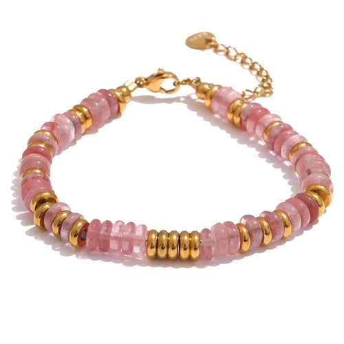 Planet Gates YH4039A Pink Yhpup Colorful Natural Stone Beads Chain Handmade Bracelet Bangle Waterproof Bohemia Stainless Steel Y2K Trendy Jewelry Gift