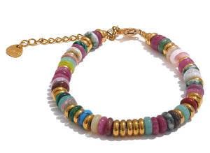 Planet Gates YH4039A Pink Yhpup Colorful Natural Stone Beads Chain Handmade Bracelet Bangle Waterproof Bohemia Stainless Steel Y2K Trendy Jewelry Gift