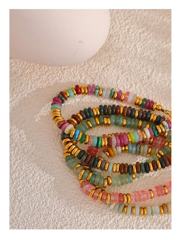 Planet Gates YH4039A Pink Yhpup Colorful Natural Stone Beads Chain Handmade Bracelet Bangle Waterproof Bohemia Stainless Steel Y2K Trendy Jewelry Gift