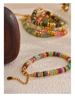 Planet Gates YH4039A Pink Yhpup Colorful Natural Stone Beads Chain Handmade Bracelet Bangle Waterproof Bohemia Stainless Steel Y2K Trendy Jewelry Gift