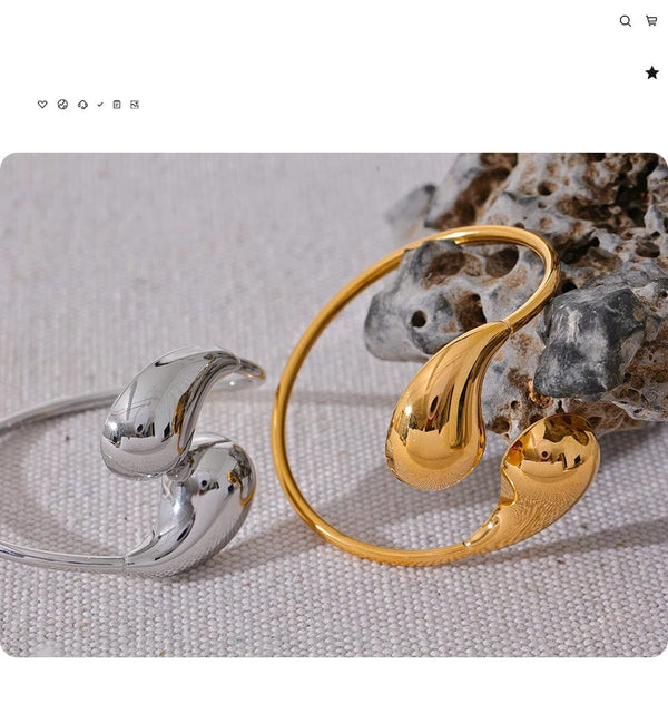 Planet Gates Yhpup 316l Stainless Steel Water Drop Hollow Adjustable Bracelet Bangle for Women 18K Gold PVD Plated Rust Proof Unusual Jewelry