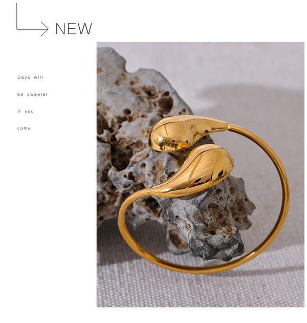 Planet Gates Yhpup 316l Stainless Steel Water Drop Hollow Adjustable Bracelet Bangle for Women 18K Gold PVD Plated Rust Proof Unusual Jewelry