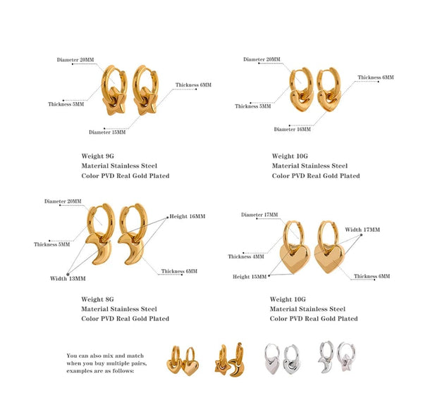 Planet Gates Yhpup Star Moon Heart Pendant Drop Hoop Huggie Earrings 18k Gold Plated Trendy Waterproof Stainless Steel Fashion Charm Jewelry