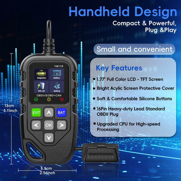Planet Gates YM119 Car Code Reader, OBD2 Car Code Scanner Voltage Tester Engine Fault Code Scanner, EOBD+CAN Charging Tester Diagnostic Tool For OBDII Protocol Cars