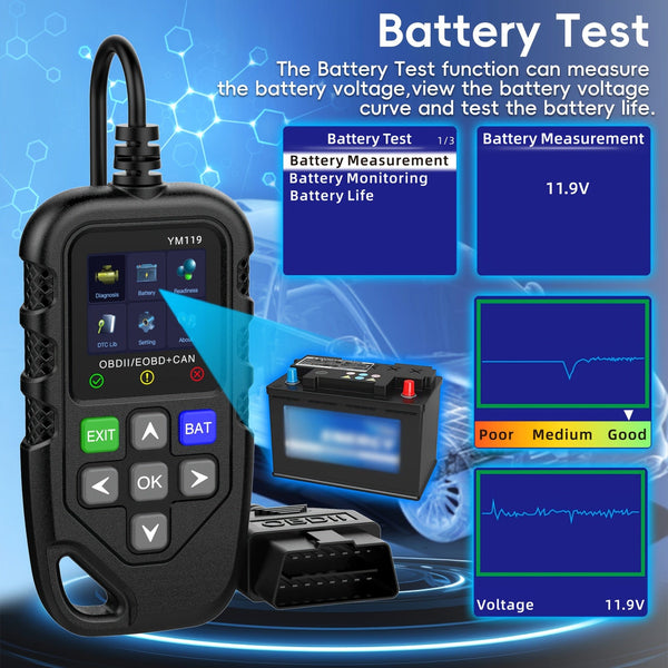 Planet Gates YM119 Car Code Reader, OBD2 Car Code Scanner Voltage Tester Engine Fault Code Scanner, EOBD+CAN Charging Tester Diagnostic Tool For OBDII Protocol Cars