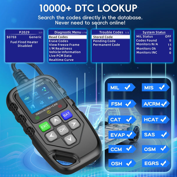 Planet Gates YM119 Car Code Reader, OBD2 Car Code Scanner Voltage Tester Engine Fault Code Scanner, EOBD+CAN Charging Tester Diagnostic Tool For OBDII Protocol Cars