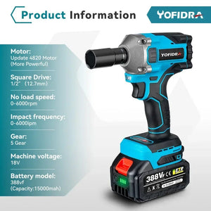 Planet Gates Yofidra 1000N.m 20V Brushless Electric Impact Wrench Cordless Wrench Socket 1/2 Inch Li-ion Battery For Makita 18V Battery