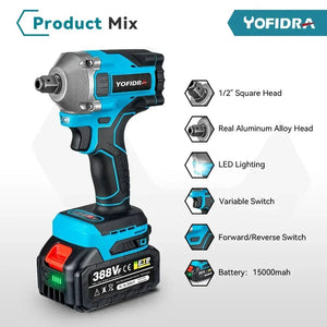 Planet Gates Yofidra 1000N.m 20V Brushless Electric Impact Wrench Cordless Wrench Socket 1/2 Inch Li-ion Battery For Makita 18V Battery