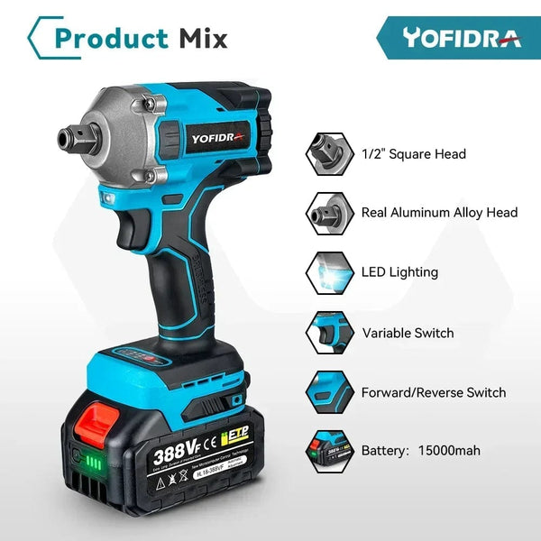 Planet Gates Yofidra 1000N.m 20V Brushless Electric Impact Wrench Cordless Wrench Socket 1/2 Inch Li-ion Battery For Makita 18V Battery