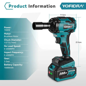 Planet Gates YOFIDRA 1000N.m Brushless Electric Impact Wrench 1/2" Cordless Rechargeable Socket Screwdriver Power Tool For Makita 18V Battery
