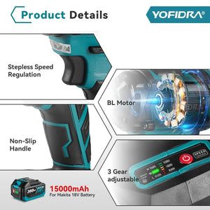 Planet Gates YOFIDRA 1000N.m Brushless Electric Impact Wrench 1/2" Cordless Rechargeable Socket Screwdriver Power Tool For Makita 18V Battery