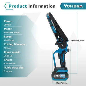 Planet Gates YOFIDRA Brushless 8inch Electric Chainsaw Cordless Rechargeable Pruning Saw Woodworking Garden Power Tool For Makita 18V Battery