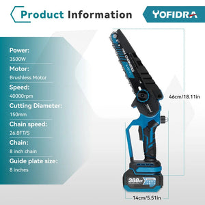Planet Gates YOFIDRA Brushless 8inch Electric Chainsaw Cordless Rechargeable Pruning Saw Woodworking Garden Power Tool For Makita 18V Battery