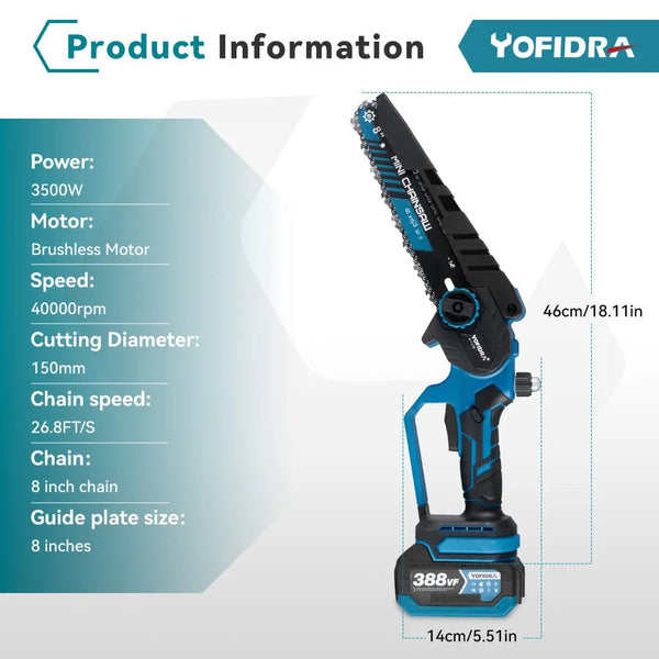Planet Gates YOFIDRA Brushless 8inch Electric Chainsaw Cordless Rechargeable Pruning Saw Woodworking Garden Power Tool For Makita 18V Battery