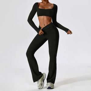 Planet Gates Yoga Set 2PCS Seamless Women Sportswear Workout Clothes Athletic Wear Gym Legging Fitness Bra Crop Top Long Sleeve Sports Suits