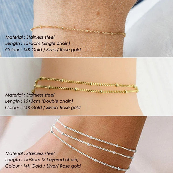 Planet Gates YS35092 - 2pc / Rose Gold Color eManco Simple Women's Ball Chain Bracelet Jewelry Layered Fine Bead Chain Bracelet Ladies Stainless Steel Chain