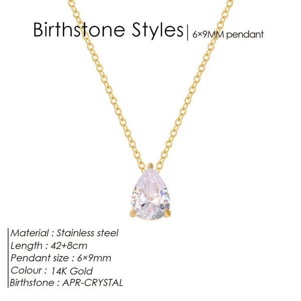 Planet Gates YX36097-April / Gold Color eManco Hot Sale Stainless Steel Teardrop Zirconia Pendant Shiny Crystal Necklace Women's Birthstone Collarbone Chain Wholesale