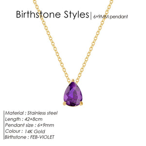 Planet Gates YX36097-February / Gold Color eManco Hot Sale Stainless Steel Teardrop Zirconia Pendant Shiny Crystal Necklace Women's Birthstone Collarbone Chain Wholesale