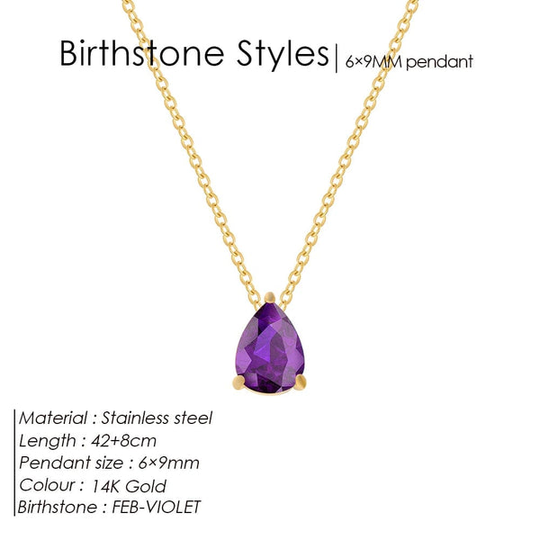 Planet Gates YX36097-February / Gold Color eManco Hot Sale Stainless Steel Teardrop Zirconia Pendant Shiny Crystal Necklace Women's Birthstone Collarbone Chain Wholesale