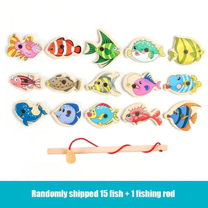 Planet Gates YZ45-15Pcs Montessori Wooden Magnetic Fishing Toys for Baby Cartoon Marine Life Cognition Fish Games Education Parent-Child Interactive
