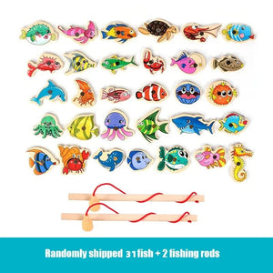 Planet Gates YZ45-31Pcs Montessori Wooden Magnetic Fishing Toys for Baby Cartoon Marine Life Cognition Fish Games Education Parent-Child Interactive