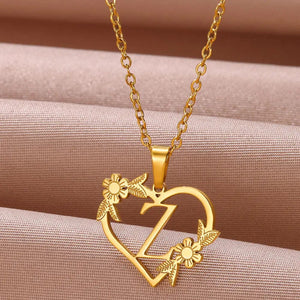 Planet Gates Z / 45cm / CHINA Gold Color Dainty Flower Initials Necklace Women Girl Stainless Steel Heart Letter Choker Necklace Best Gifts Alphabet Jewelry