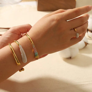 Planet Gates ZAKOL Stainless Steel Color Open Bangle Metal Texture Glossy 18K Gold Plated Tarnish Proof Bracelet Women Jewelry Party Gift