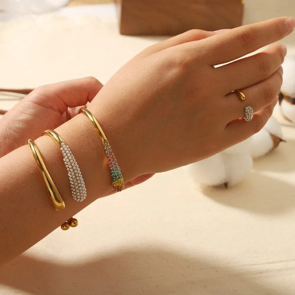 Planet Gates ZAKOL Stainless Steel Color Open Bangle Metal Texture Glossy 18K Gold Plated Tarnish Proof Bracelet Women Jewelry Party Gift