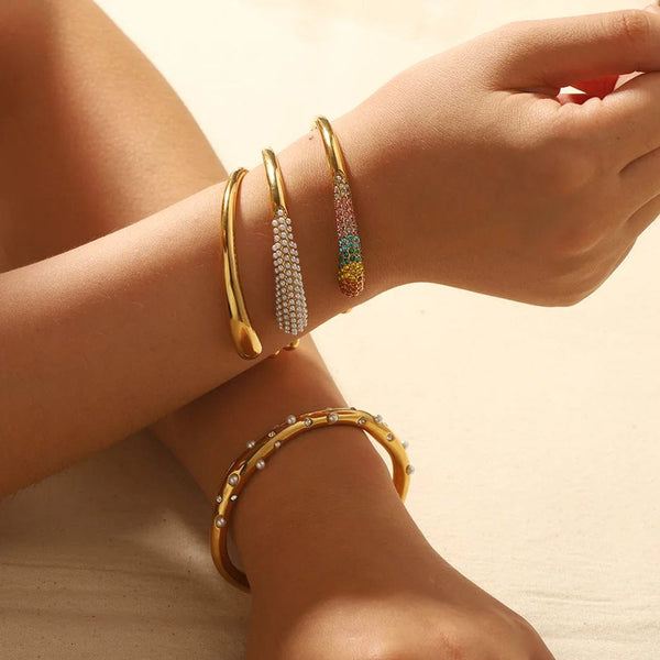 Planet Gates ZAKOL Stainless Steel Color Open Bangle Metal Texture Glossy 18K Gold Plated Tarnish Proof Bracelet Women Jewelry Party Gift