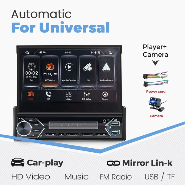Planet Gates ZD1 with CP AA Universal 7" 1din Retractable Screen Car Radio Android Auto Carplay Multimedia Video Player Intelligent Vehicle System BT FM USB