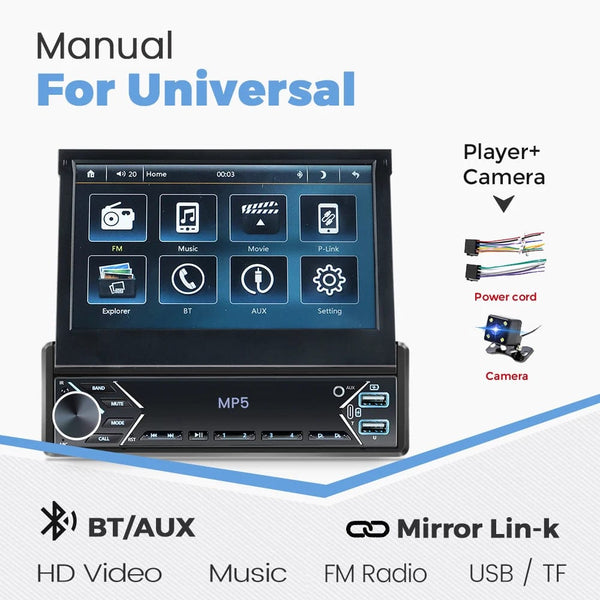 Planet Gates ZD1 with CP AA Universal 7" 1din Retractable Screen Car Radio Android Auto Carplay Multimedia Video Player Intelligent Vehicle System BT FM USB
