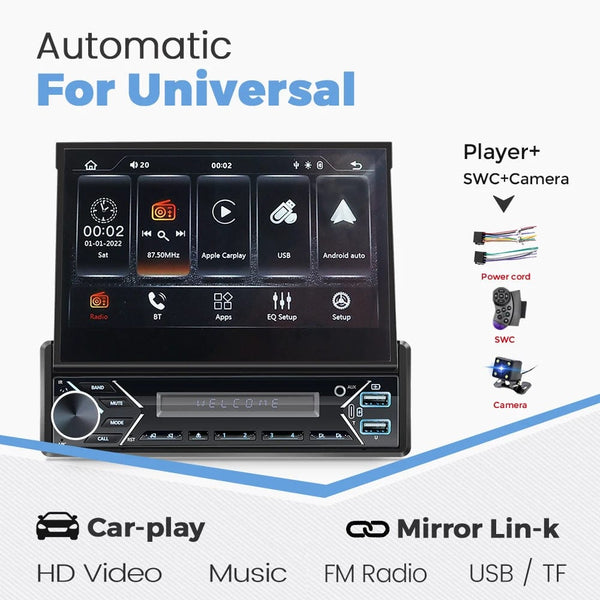 Planet Gates ZD1 with CP AA Universal 7" 1din Retractable Screen Car Radio Android Auto Carplay Multimedia Video Player Intelligent Vehicle System BT FM USB