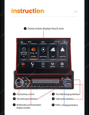 Planet Gates ZD1 with CP AA Universal 7" 1din Retractable Screen Car Radio Android Auto Carplay Multimedia Video Player Intelligent Vehicle System BT FM USB
