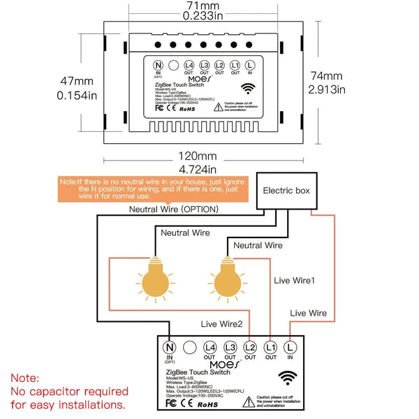 Planet Gates ZigBee Wall Touch Smart Light Switch With Neutral/No Neutral,No Capacitor Smart Life/Tuya 2/3 Way Control compatible AlexaGoogle