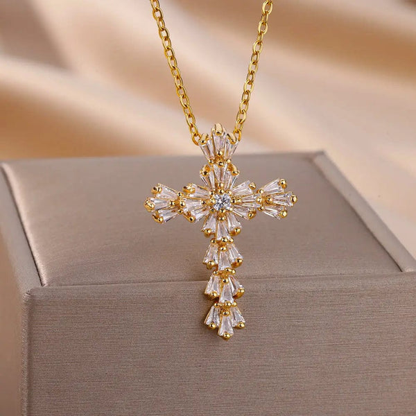 Planet Gates Zircon Cross Pendant Necklace for Women Gold Color Stainless Steel Collar Neckalces 2024 Trend Goth Party Wedding Jewelry Gifts