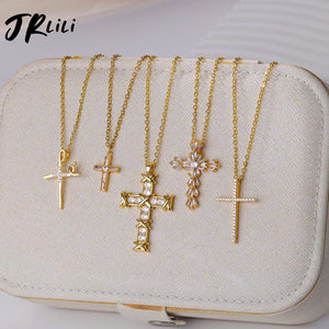 Planet Gates Zircon Cross Pendant Necklace for Women Gold Color Stainless Steel Collar Neckalces 2024 Trend Goth Party Wedding Jewelry Gifts