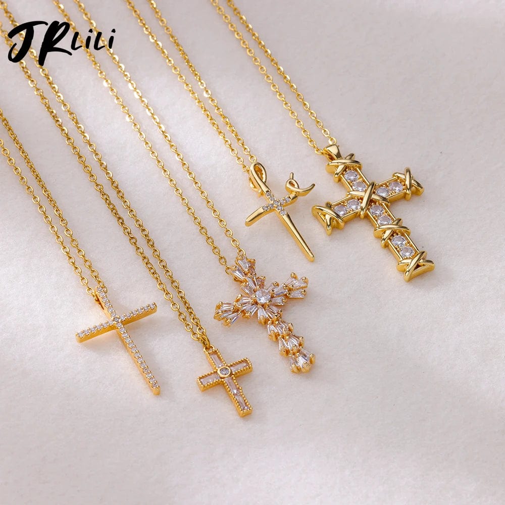 Planet Gates Zircon Cross Pendant Necklace for Women Gold Color Stainless Steel Collar Neckalces 2024 Trend Goth Party Wedding Jewelry Gifts