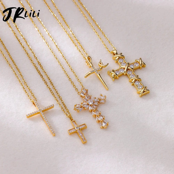 Planet Gates Zircon Cross Pendant Necklace for Women Gold Color Stainless Steel Collar Neckalces 2024 Trend Goth Party Wedding Jewelry Gifts