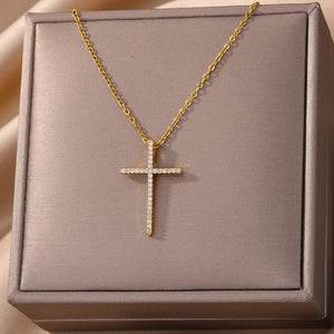 Planet Gates Zircon Cross Pendant Necklace for Women Gold Color Stainless Steel Collar Neckalces 2024 Trend Goth Party Wedding Jewelry Gifts