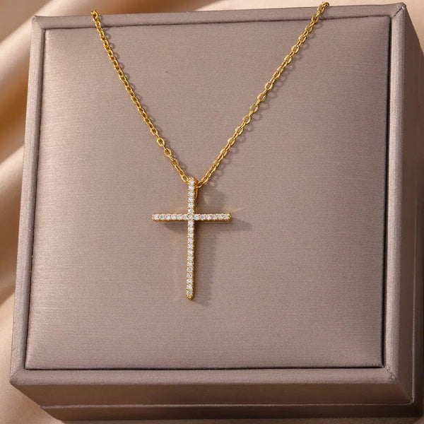 Planet Gates Zircon Cross Pendant Necklace for Women Gold Color Stainless Steel Collar Neckalces 2024 Trend Goth Party Wedding Jewelry Gifts