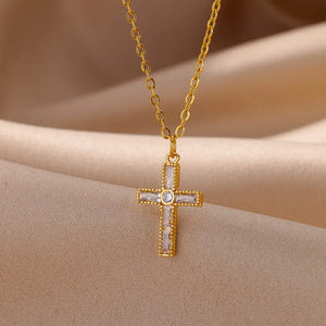 Planet Gates Zircon Cross Pendant Necklace for Women Gold Color Stainless Steel Collar Neckalces 2024 Trend Goth Party Wedding Jewelry Gifts