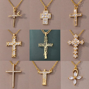Planet Gates Zircon Cross Pendant Necklace for Women Gold Color Stainless Steel Collar Neckalces 2024 Trend Goth Party Wedding Jewelry Gifts