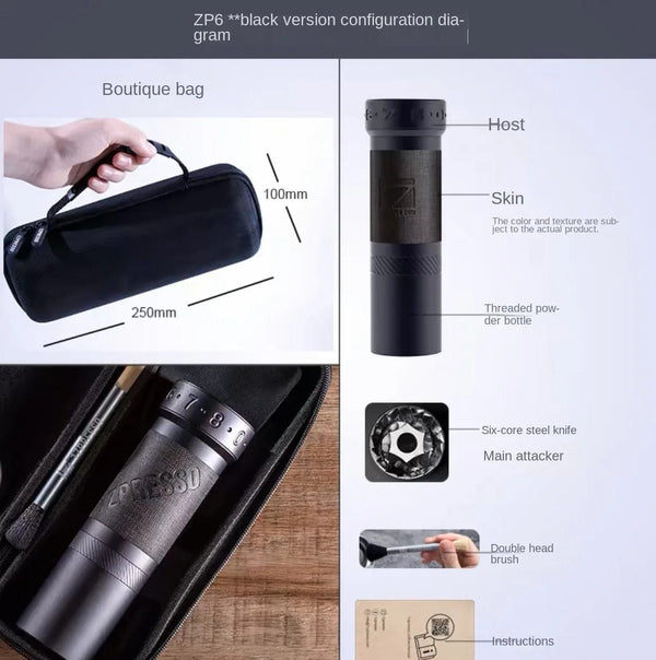 Planet Gates ZP6 Black 1Zpresso ZP6 Hand-cranked Bean Grinder Hand-brewed Espresso Portable Coffee Mill Adustable 7core Burr 48mm Spice Grinder