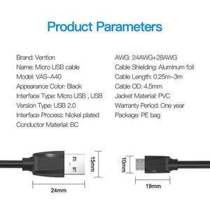 Planet Gates 0.25m Vention Micro USB Cable 1m 2m 3m 5V2A Fast Charging Data Sync Micro USB Charger Cable For Samsung Xiaomi LG Huawei Android Phone