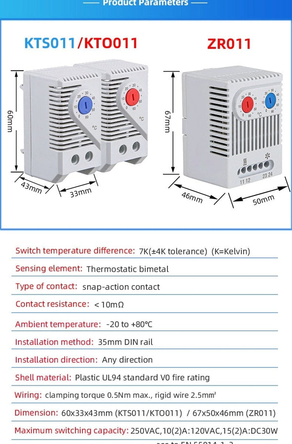 Planet Gates 0-60&#39;C KTO011 KTS011 DIN Rail Mini Compact Bimetallic Thermostat Mechanical Temperature Controller Normal Open Close KTO 011 KTS
