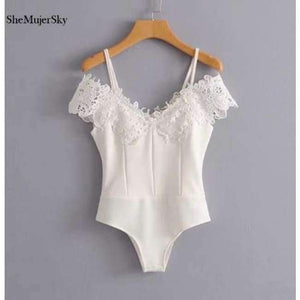 Planet Gates 001 / L White Lace Bodysuit Women Spaghetti Strap Cold Shoulder Bodysuits 2018 Bodies Woman Sexy Jumpsuit